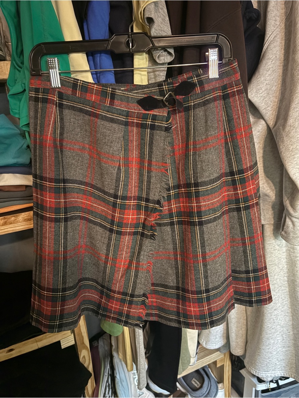 Plaid Wrap Mini Skirt in Gray and Red